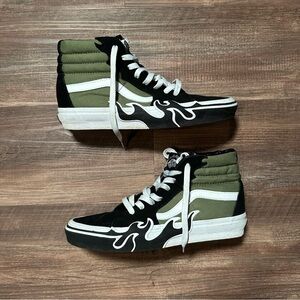 Vans Black White Army Green High-Top Sneakers Like New Flame Design
